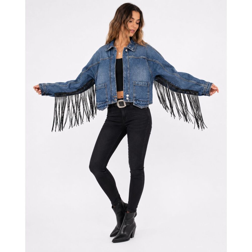 True Religion Fringe Denim Jacket Women's Small Cropped Western Festival Jean